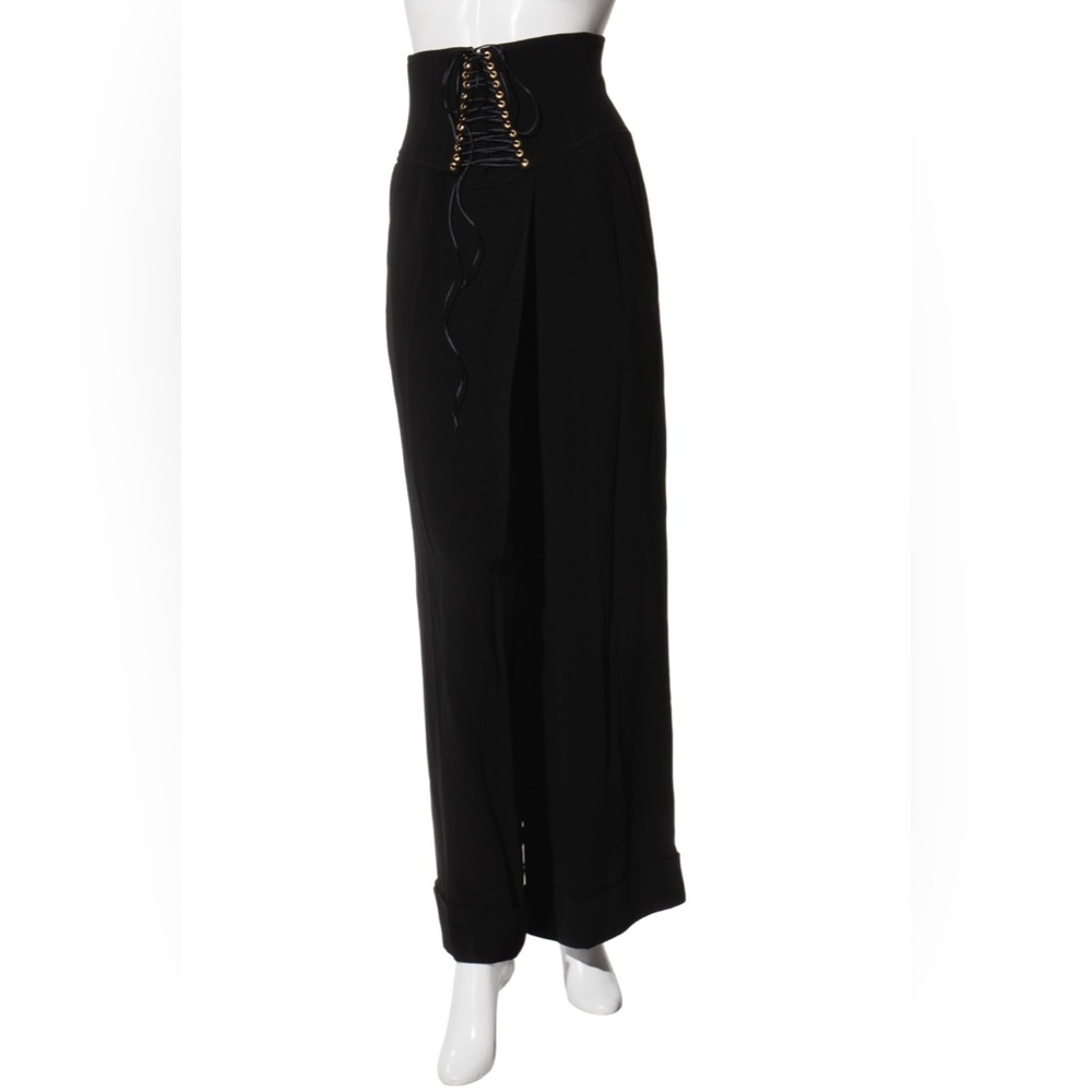 Balmain Black High-Waisted Corset Wide-Leg Pants Gold Lace-Up Detail Size 36